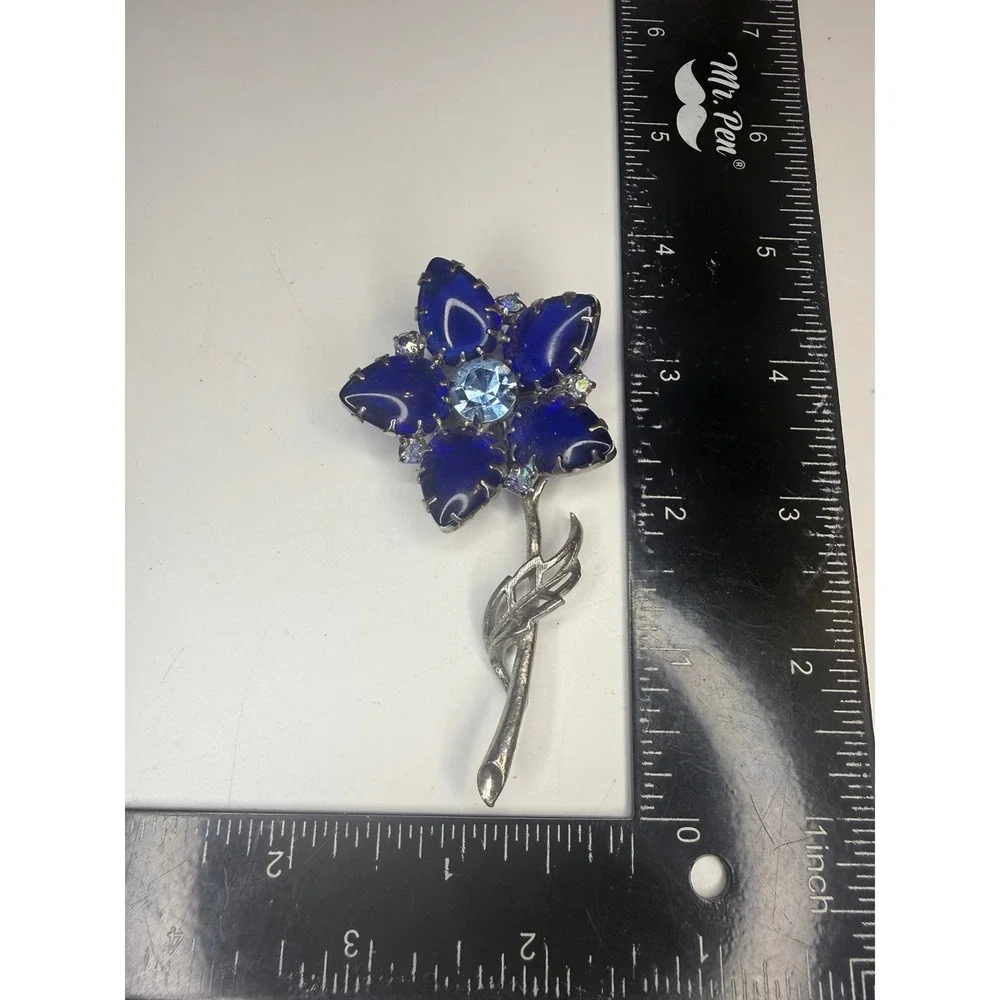 Blue Glass Flower Brooch Silver Tone AB Rhinestone Floral Pin 4.5 Inch